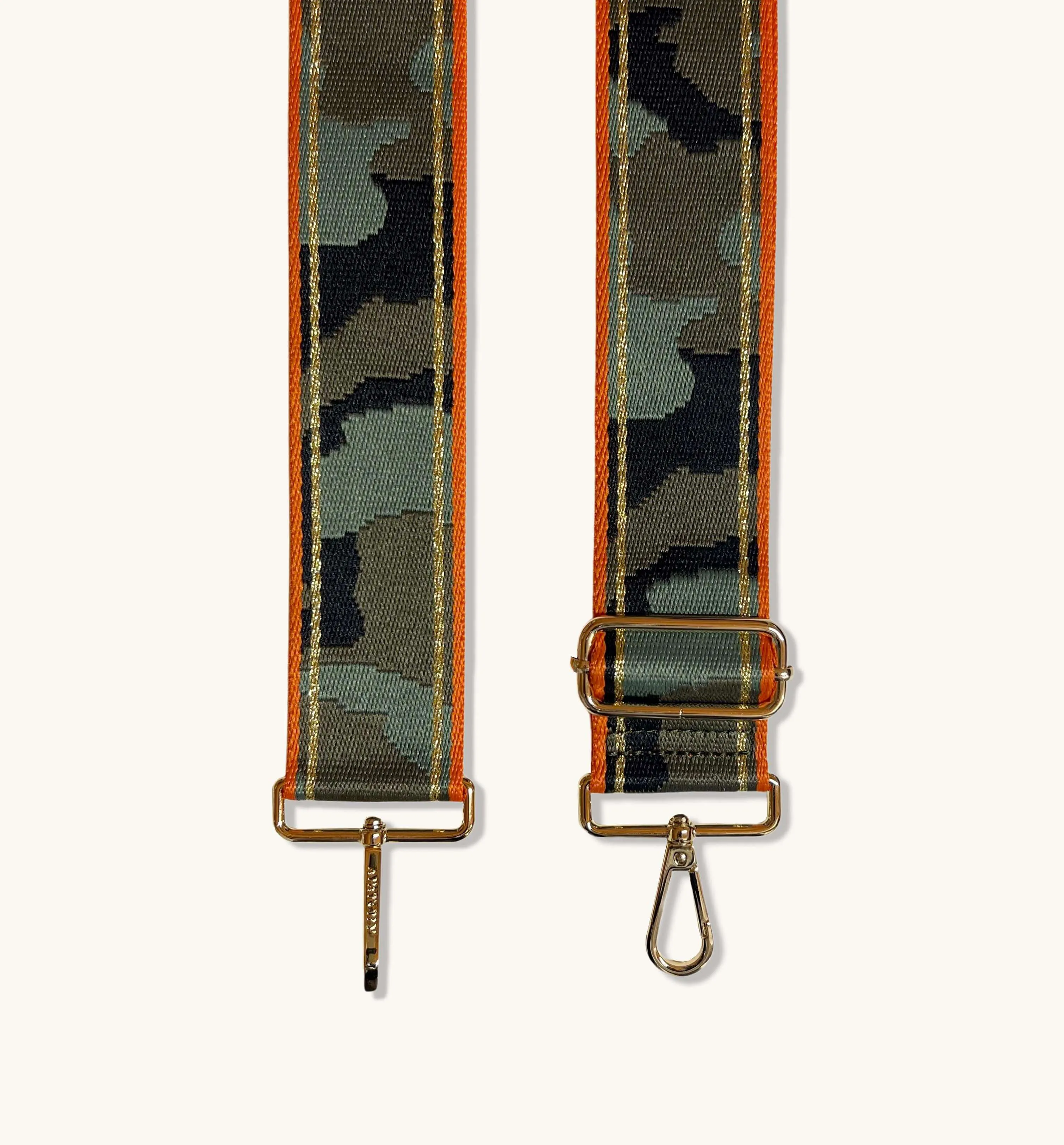 The Tassel Olive Green Leather Crossbody Bag With Orange & Gold Stripe Camo Strap