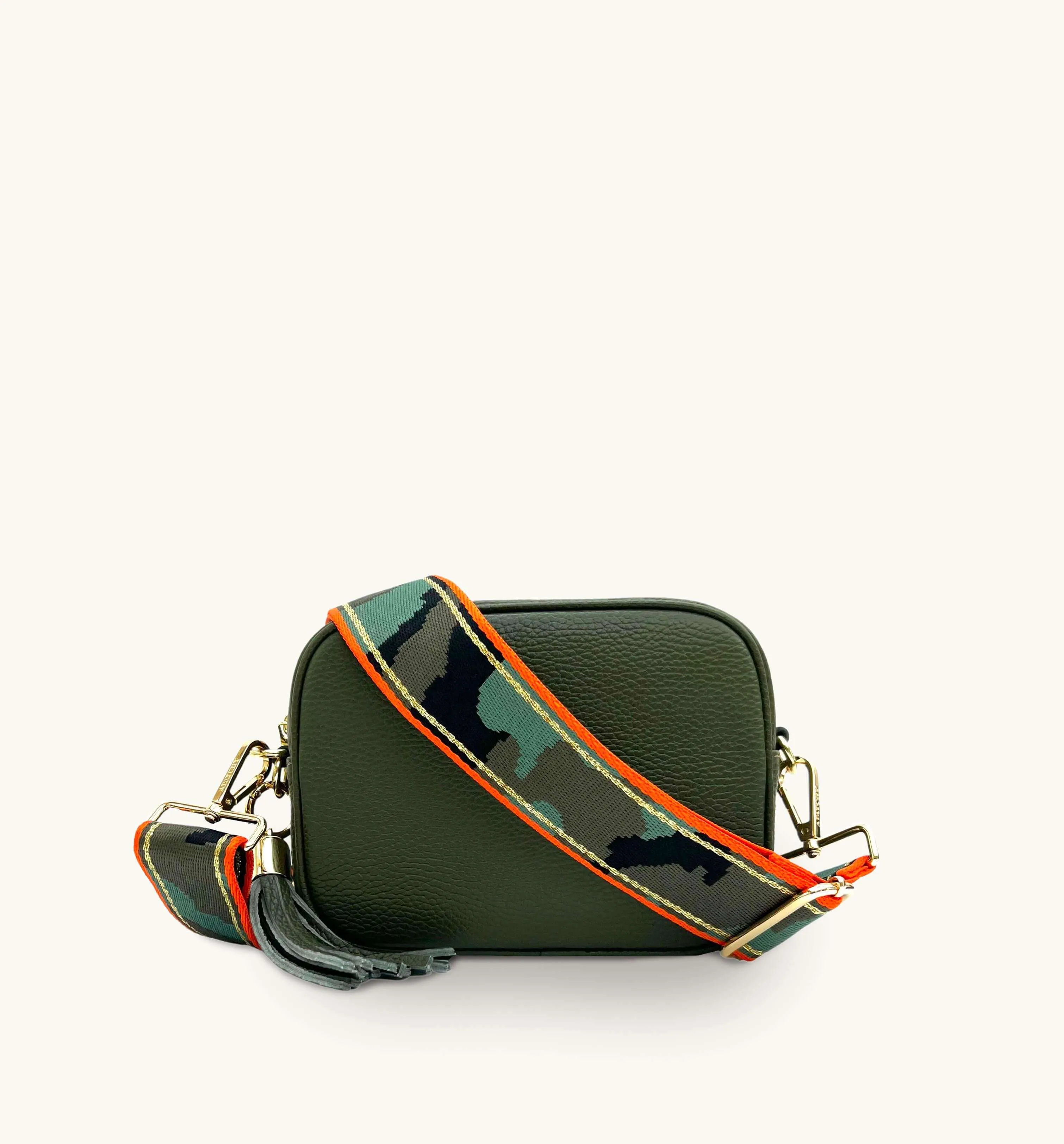 The Tassel Olive Green Leather Crossbody Bag With Orange & Gold Stripe Camo Strap