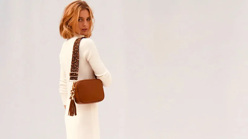 The Tassel Tan Leather Crossbody Bag With Tan Cheetah Strap