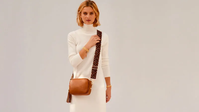 The Tassel Tan Leather Crossbody Bag With Tan Cheetah Strap