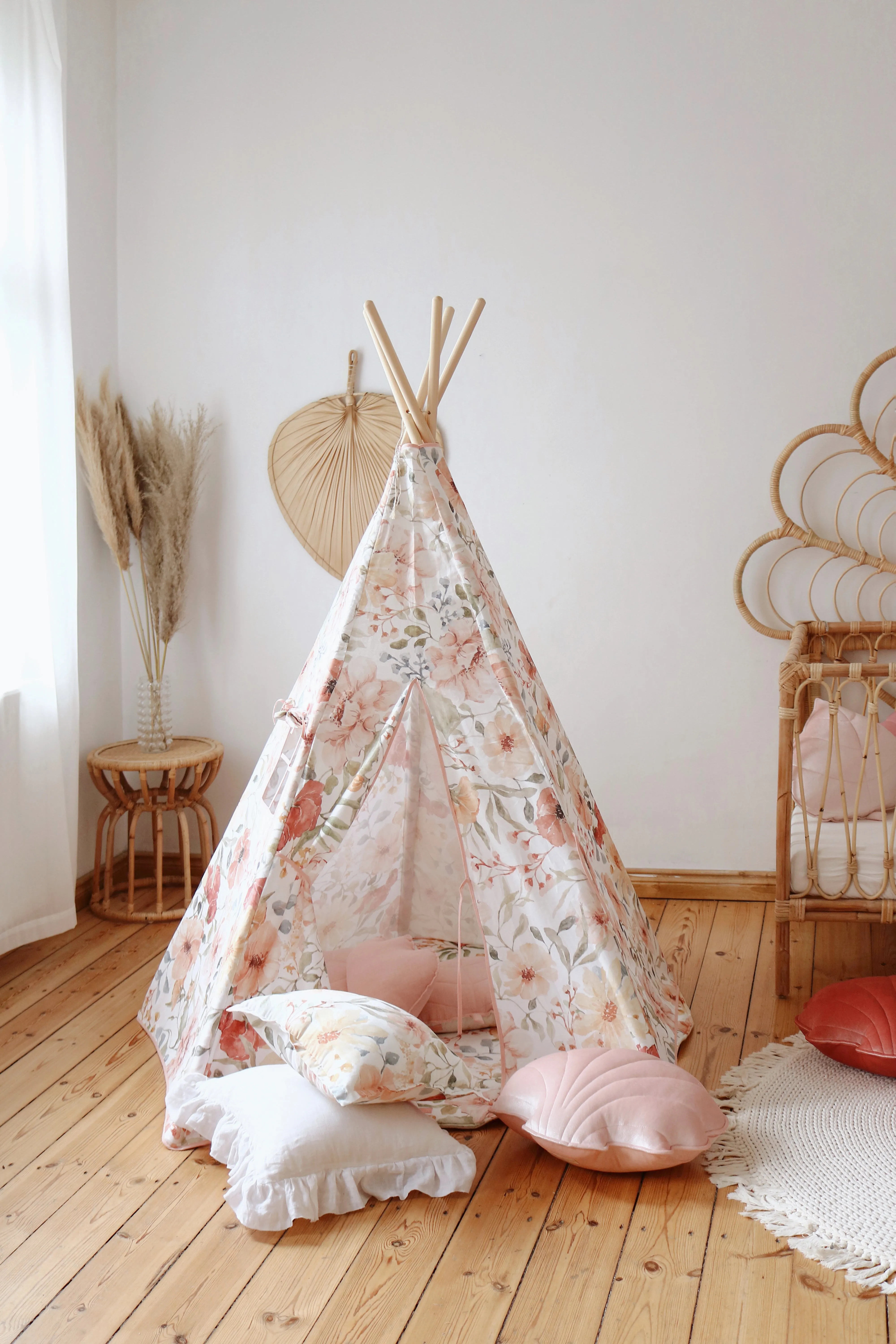 Tipi- und Matten-Set „Flower Power“ – Beige, Rot, Grün, Orange