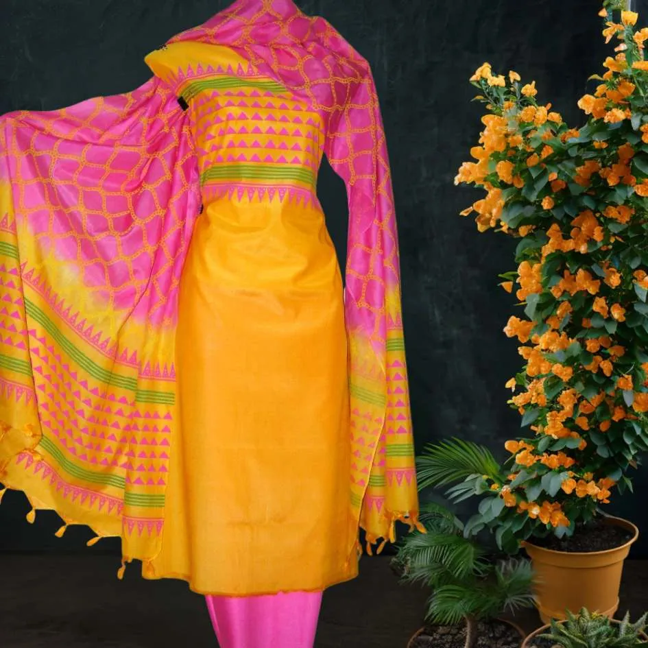 Tussar Silk Salwar Suit in Yellow and Striking Pink