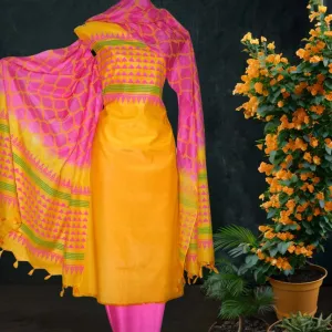 Tussar Silk Salwar Suit in Yellow and Striking Pink