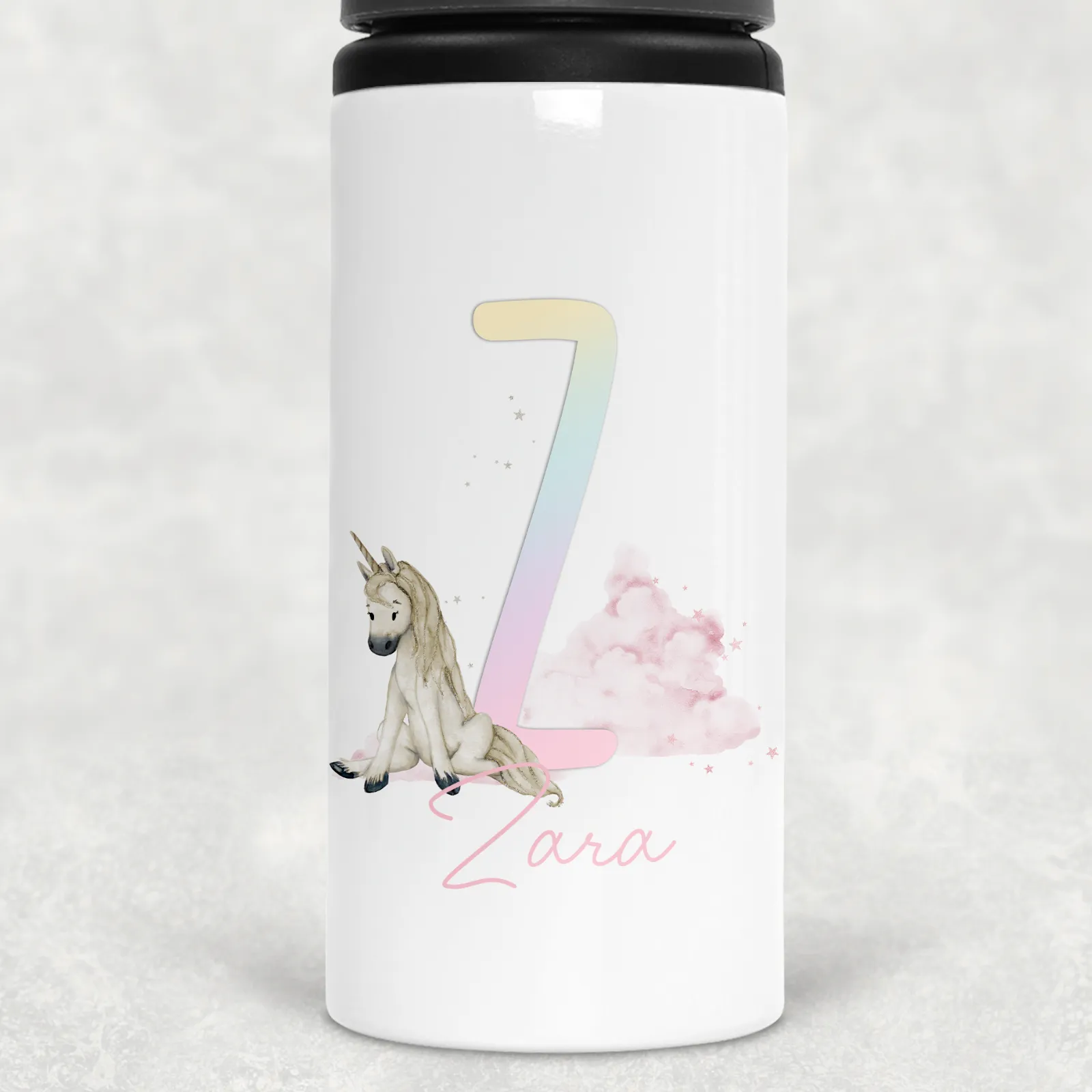 Unicorn Rainbow Alphabet Personalised Aluminium Straw Water Bottle 650ml