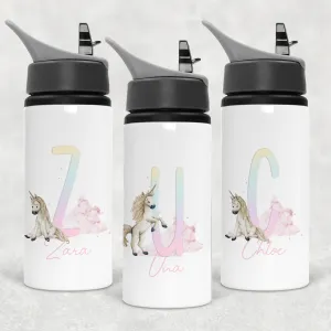 Unicorn Rainbow Alphabet Personalised Aluminium Straw Water Bottle 650ml