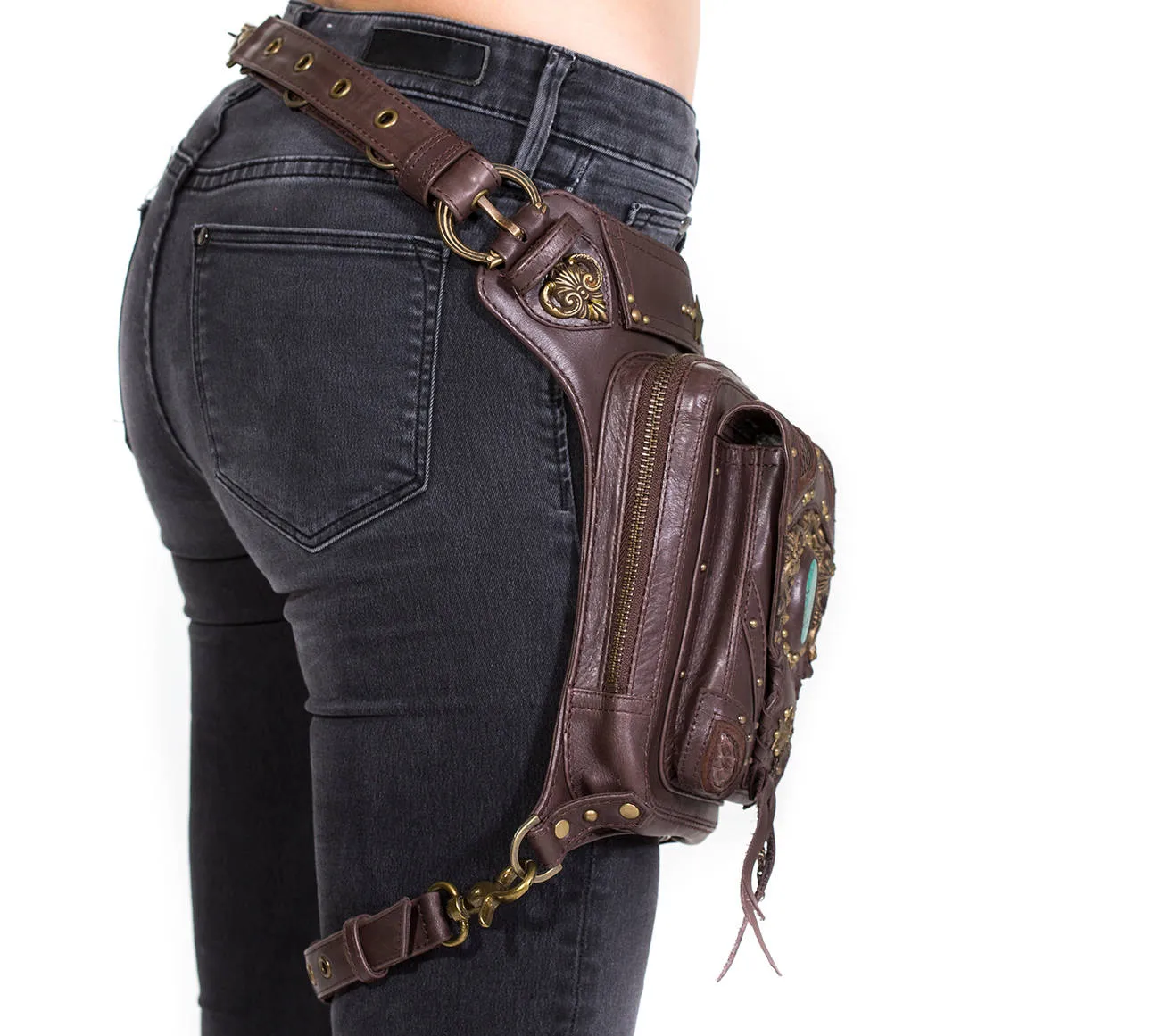 VINTAGE VIBES Brown Leather Holster Bag with Turquoise and Brass Detailing