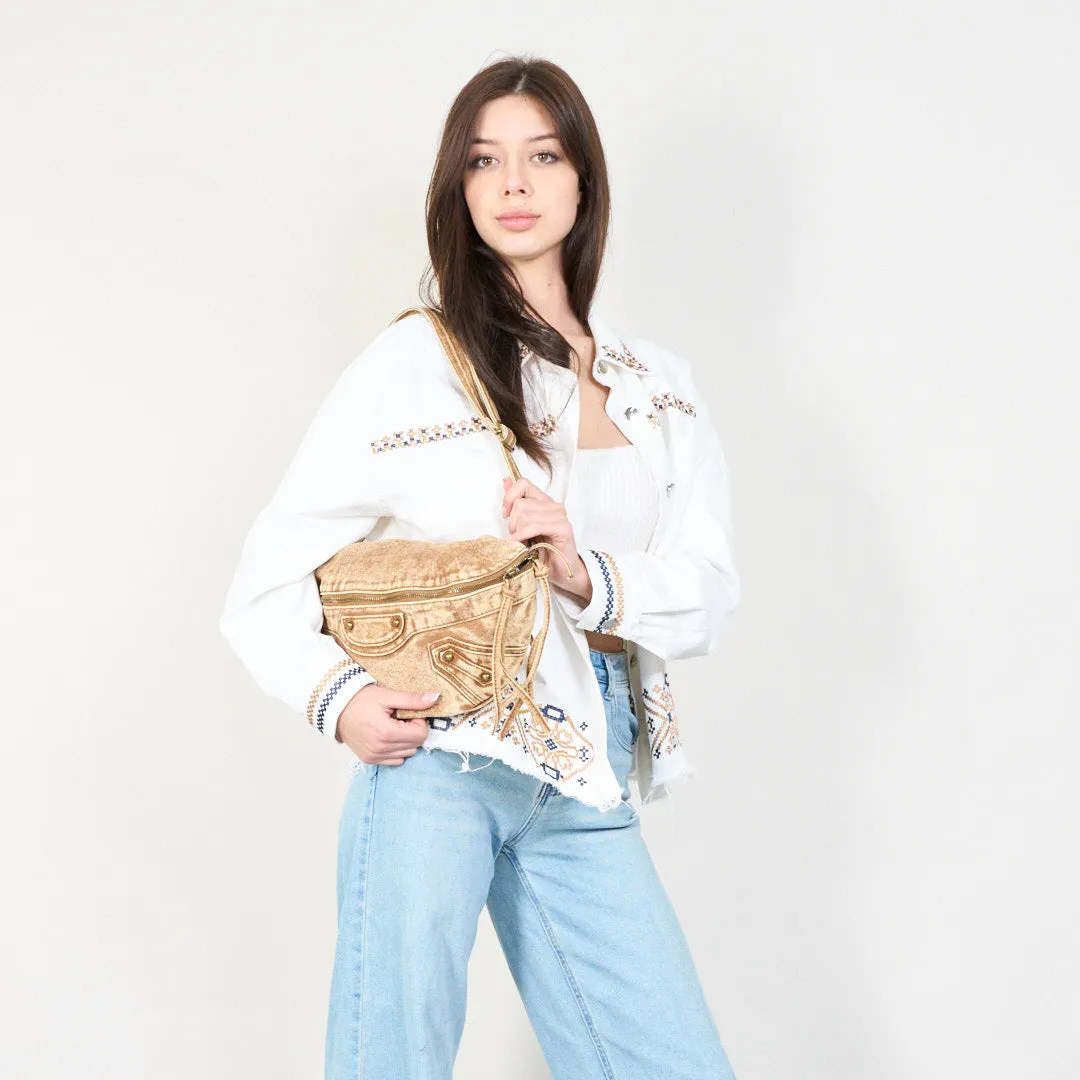 Vintage washed leather waist bag with zipper closure wholesale