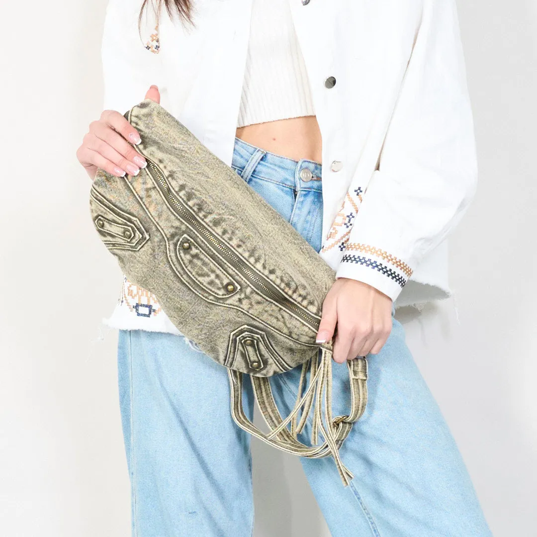 Vintage washed leather waist bag with zipper closure wholesale