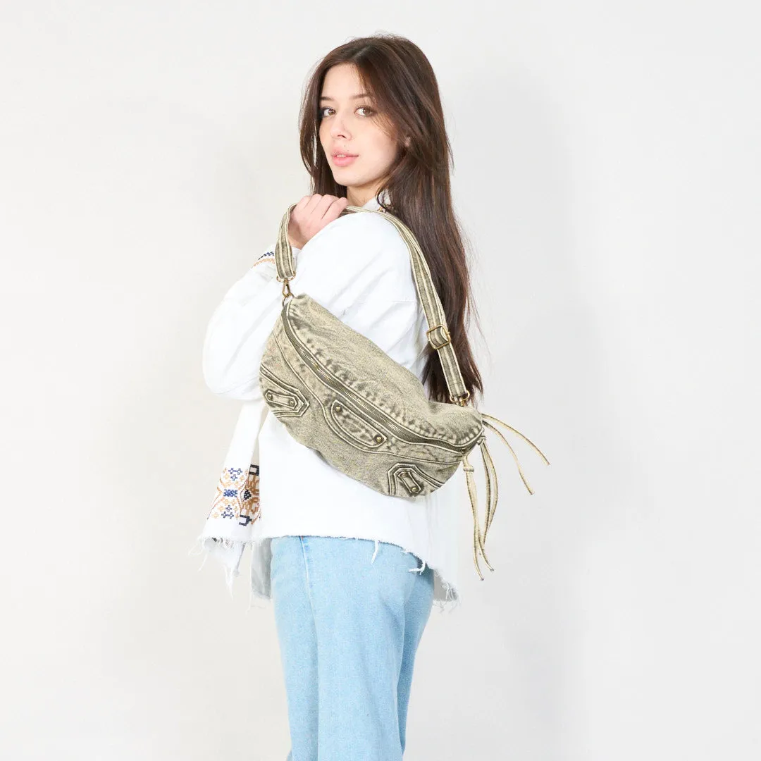 Vintage washed leather waist bag with zipper closure wholesale