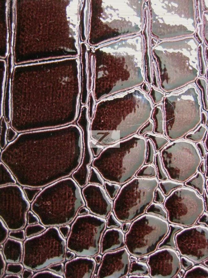 Vinyl Faux Fake Leather Pleather Embossed Shiny Alligator Fabric / Dark Burgundy / By The Roll - 30 Yards