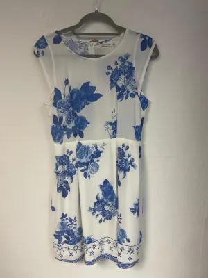 White and blue floral knee length dress, Striking, Size 8 (Polyester)