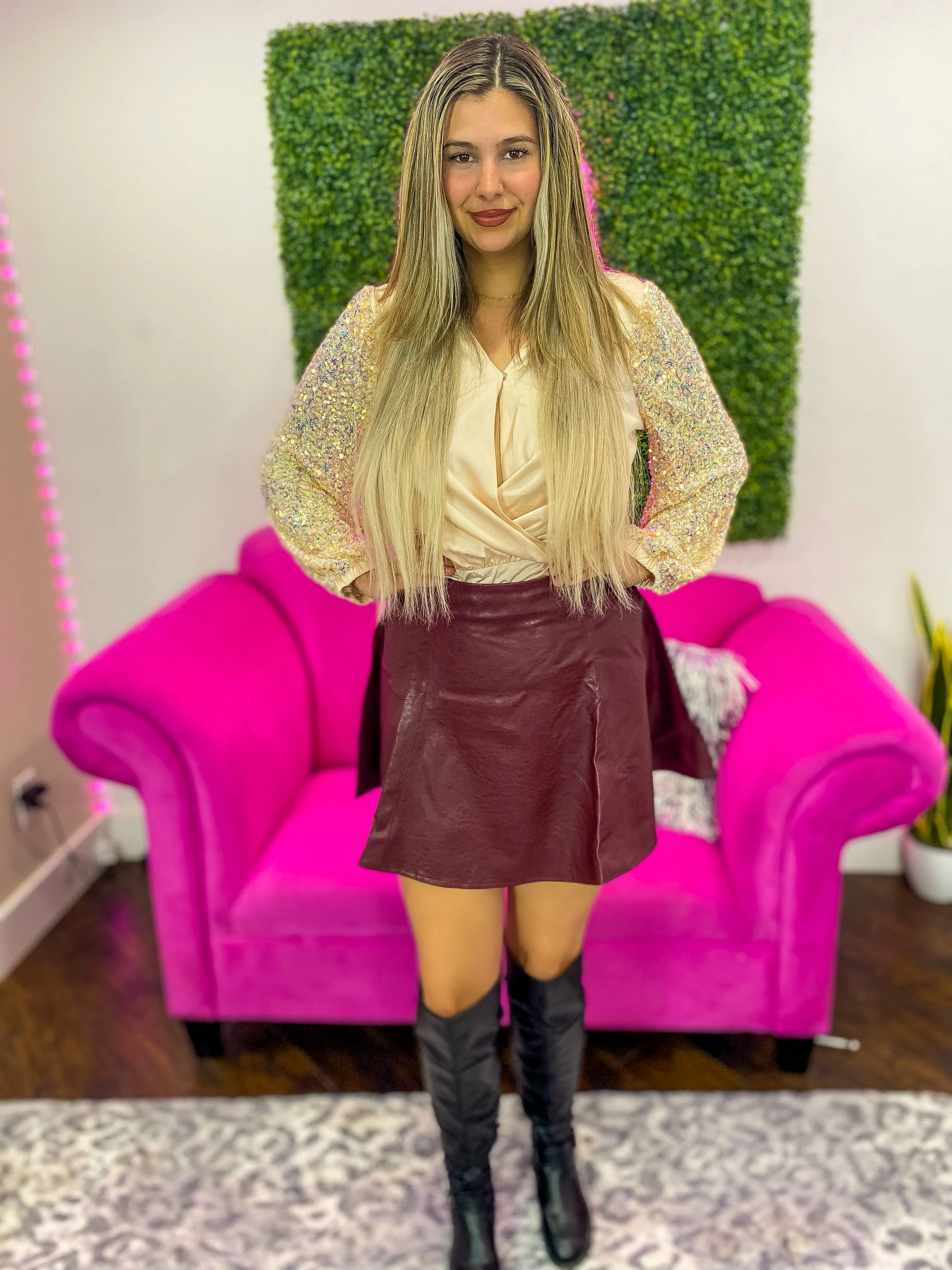Wine Cellar Faux Leather Swing Mini Skirt - Wine