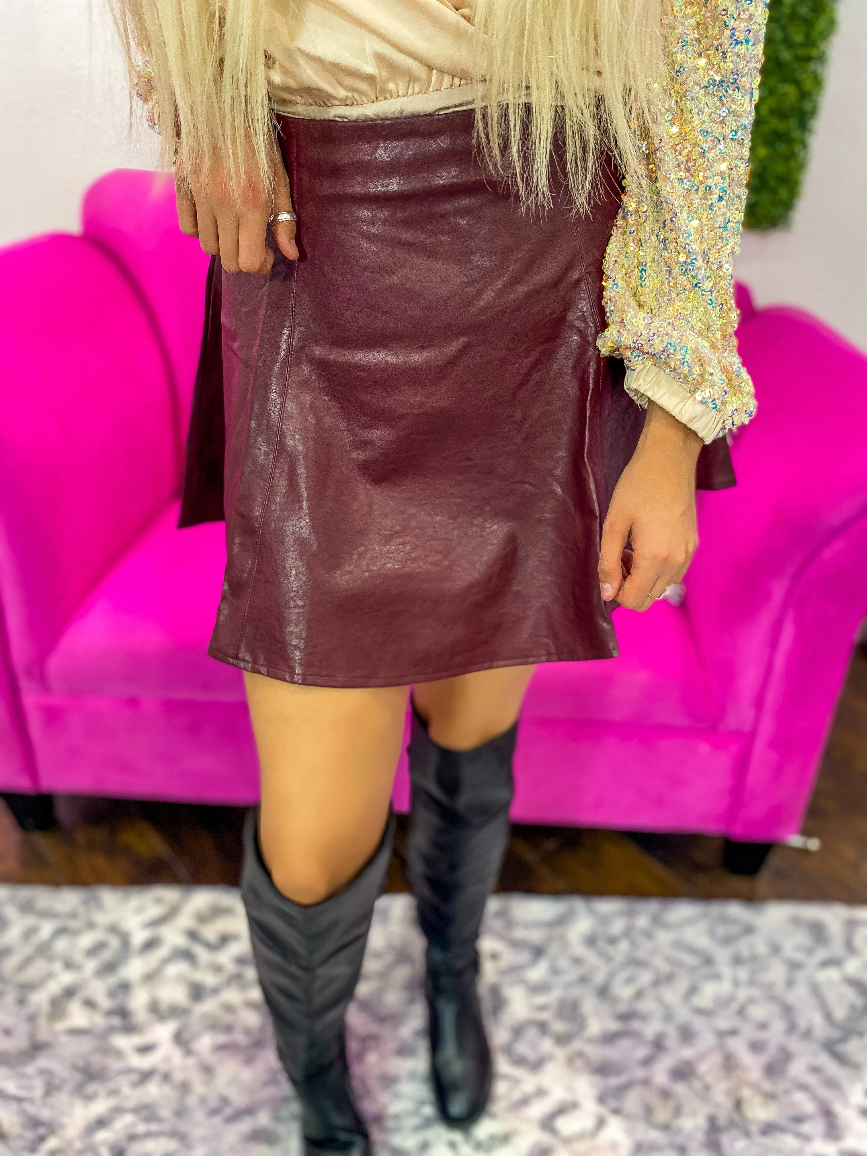 Wine Cellar Faux Leather Swing Mini Skirt - Wine
