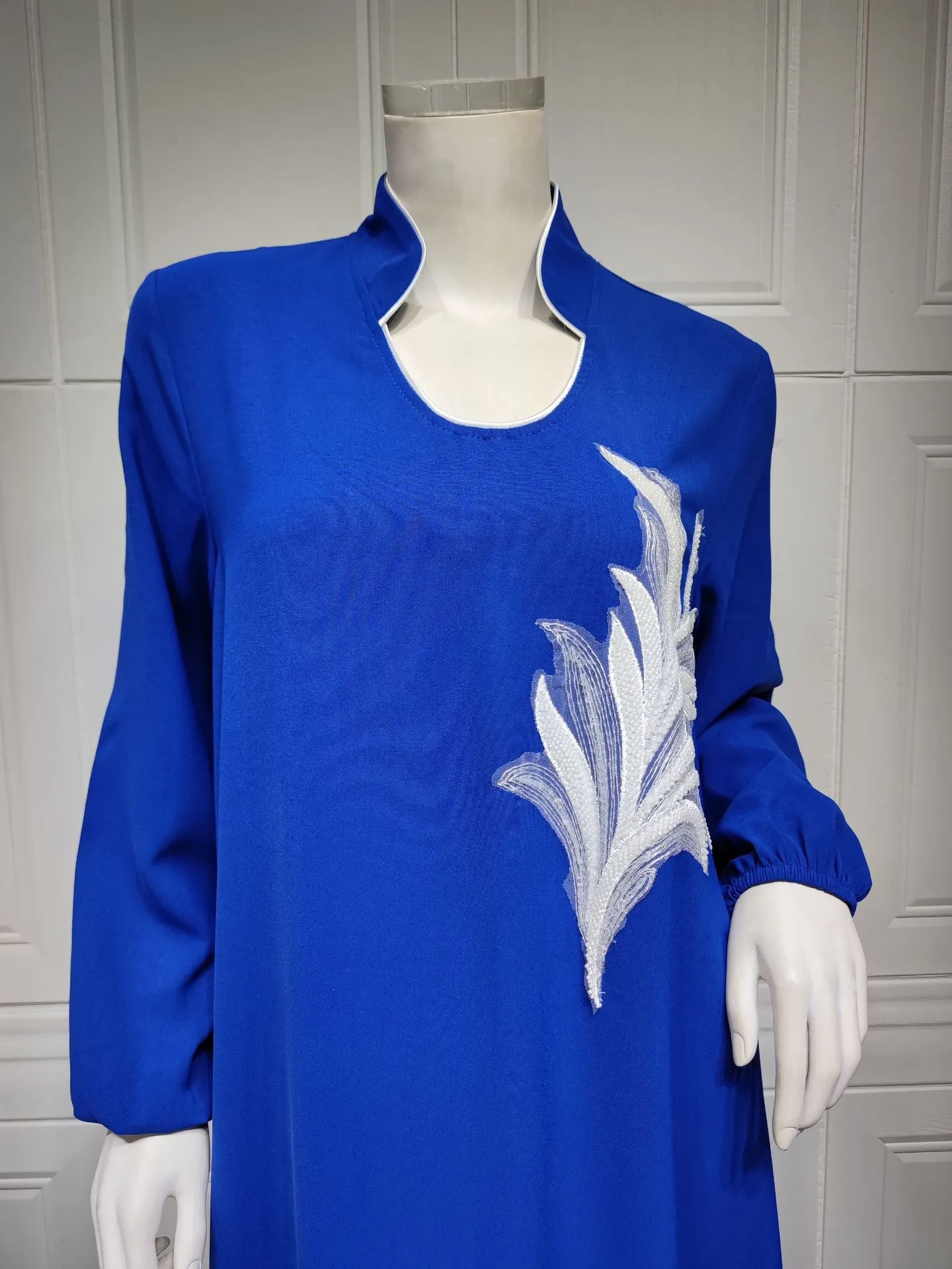 Wjczt Casual New Style Round Neck Fine Plain Color Polyester Muslim Southeast Asian Women's Chest Applique Dress Ab173