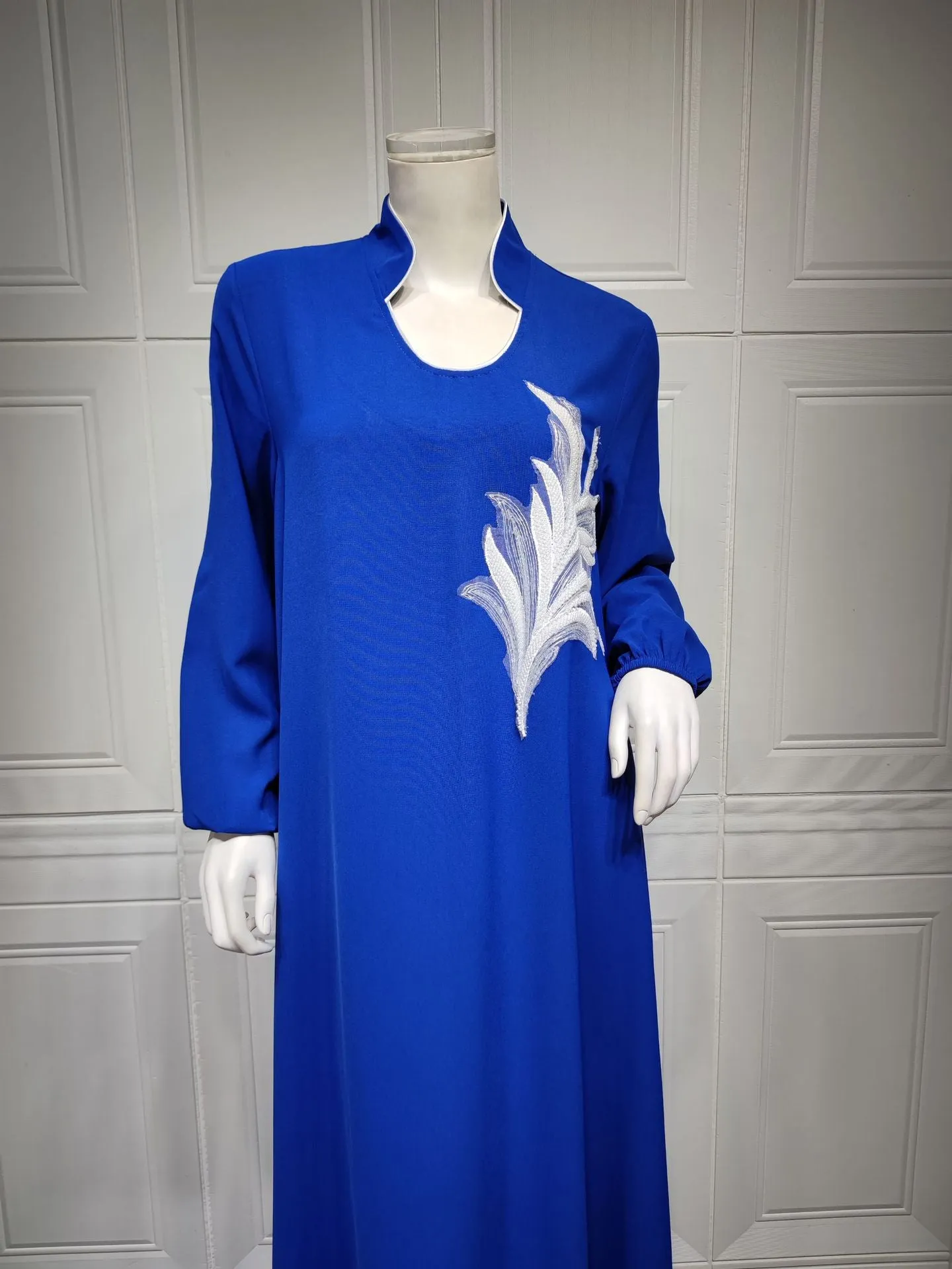 Wjczt Casual New Style Round Neck Fine Plain Color Polyester Muslim Southeast Asian Women's Chest Applique Dress Ab173