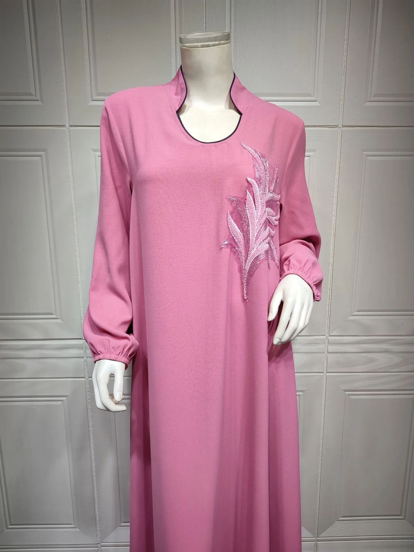 Wjczt Casual New Style Round Neck Fine Plain Color Polyester Muslim Southeast Asian Women's Chest Applique Dress Ab173