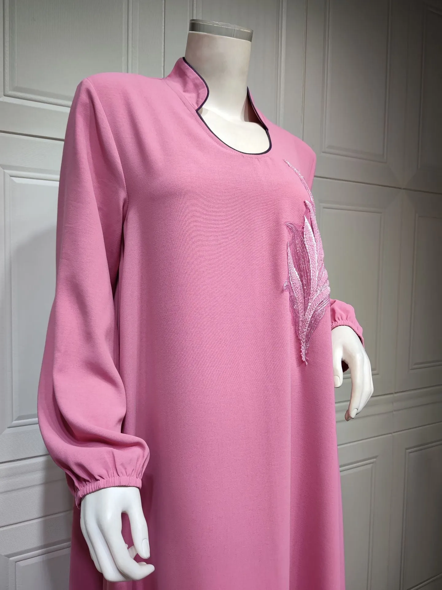 Wjczt Casual New Style Round Neck Fine Plain Color Polyester Muslim Southeast Asian Women's Chest Applique Dress Ab173