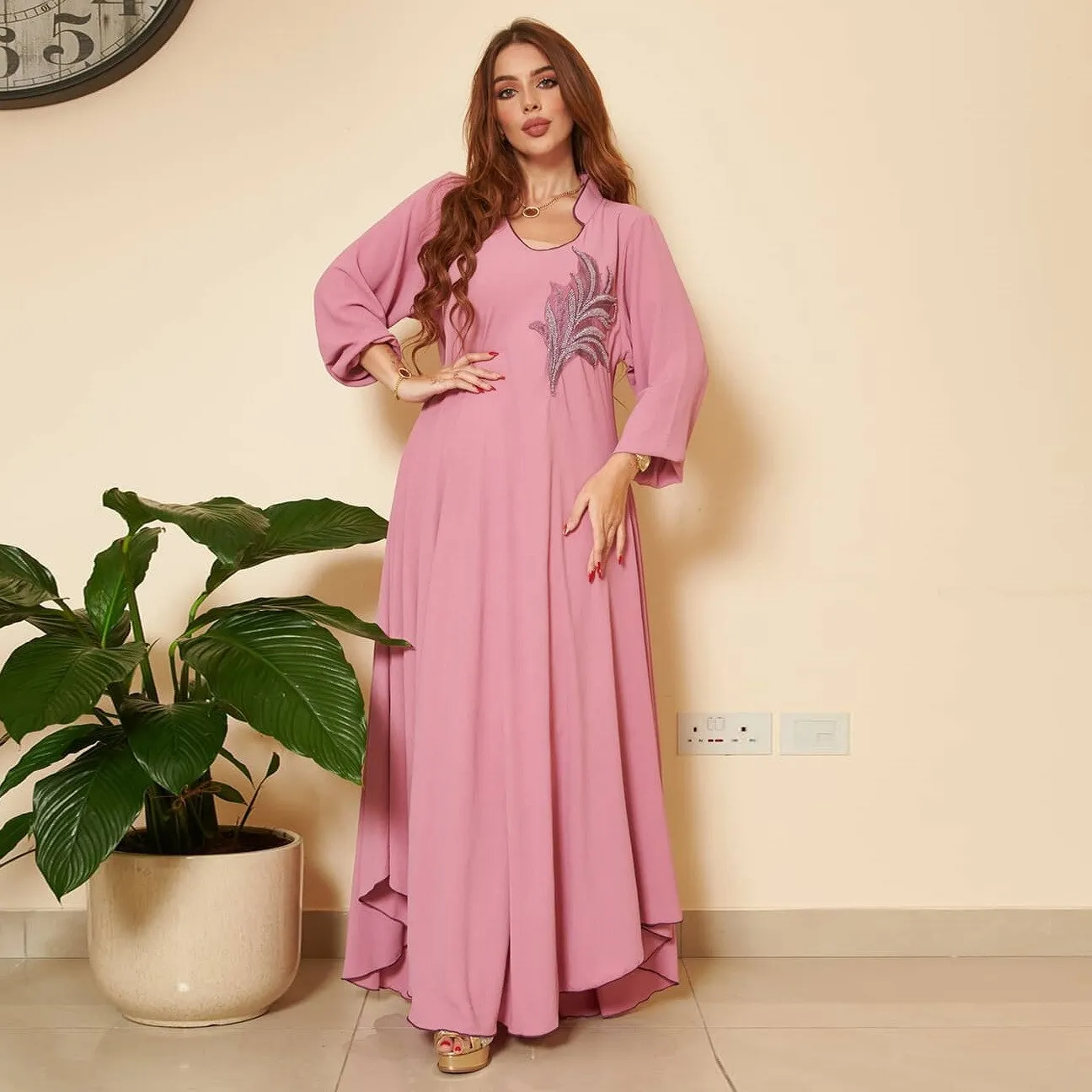 Wjczt Casual New Style Round Neck Fine Plain Color Polyester Muslim Southeast Asian Women's Chest Applique Dress Ab173