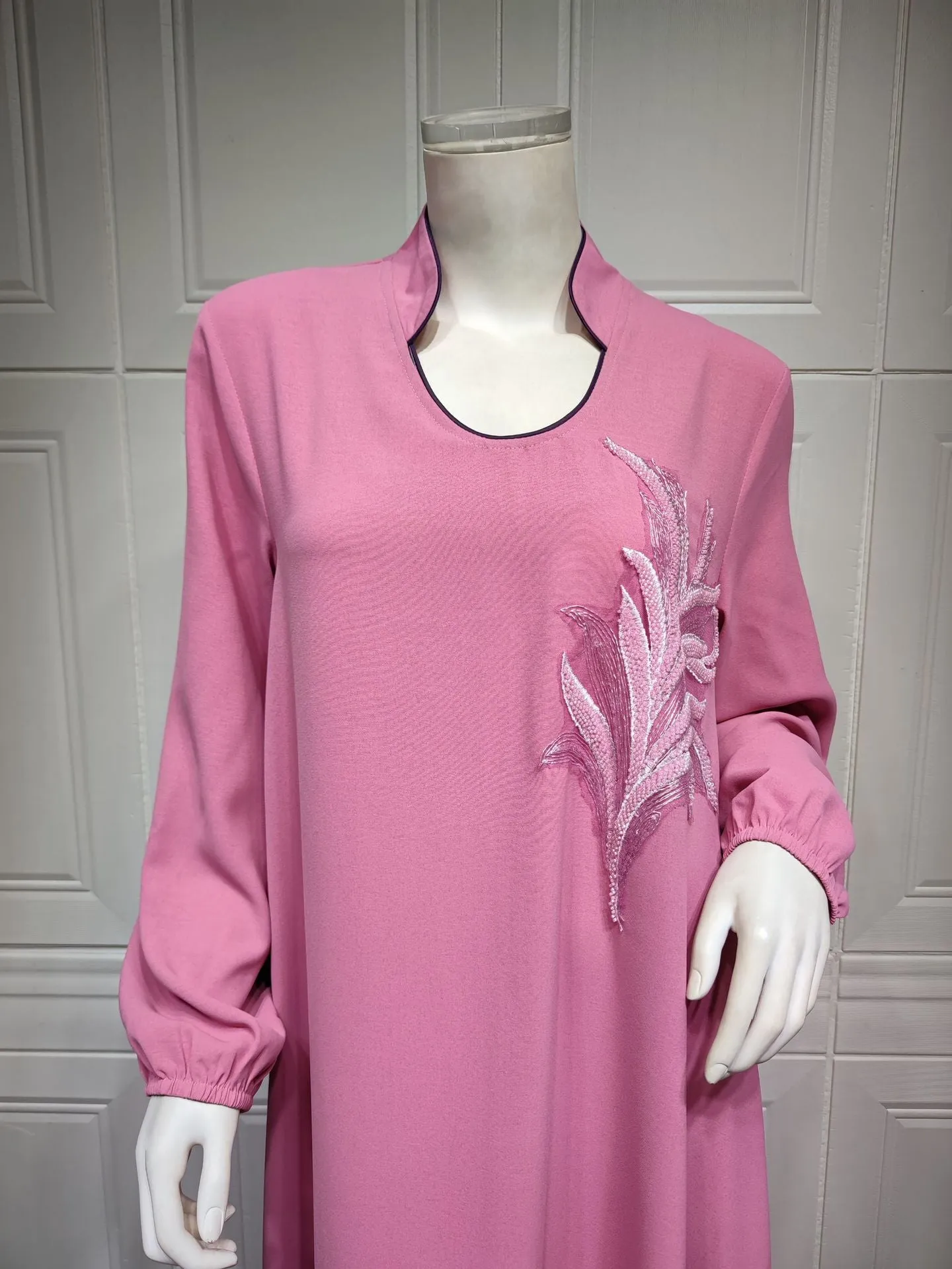Wjczt Casual New Style Round Neck Fine Plain Color Polyester Muslim Southeast Asian Women's Chest Applique Dress Ab173