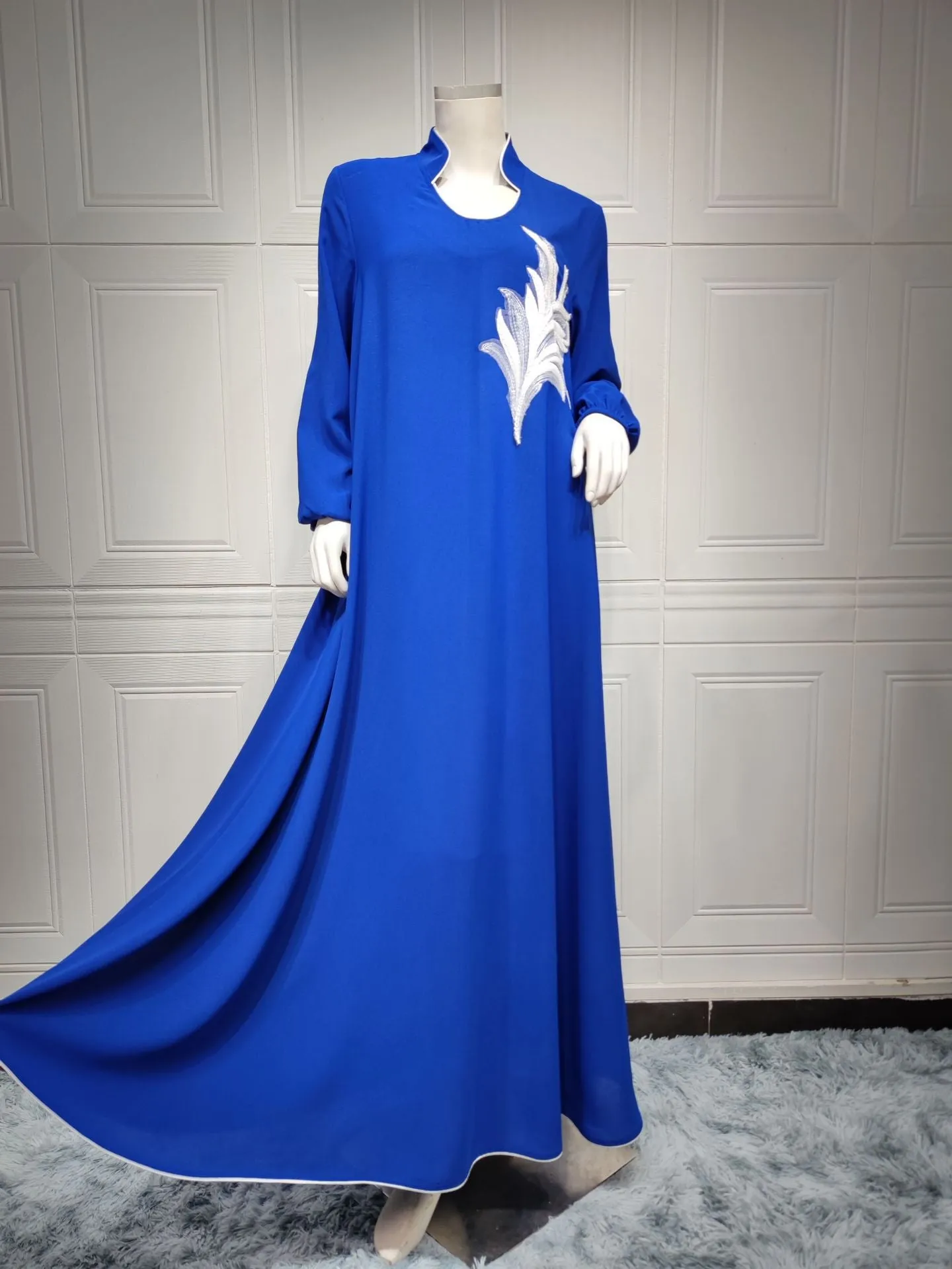 Wjczt Casual New Style Round Neck Fine Plain Color Polyester Muslim Southeast Asian Women's Chest Applique Dress Ab173