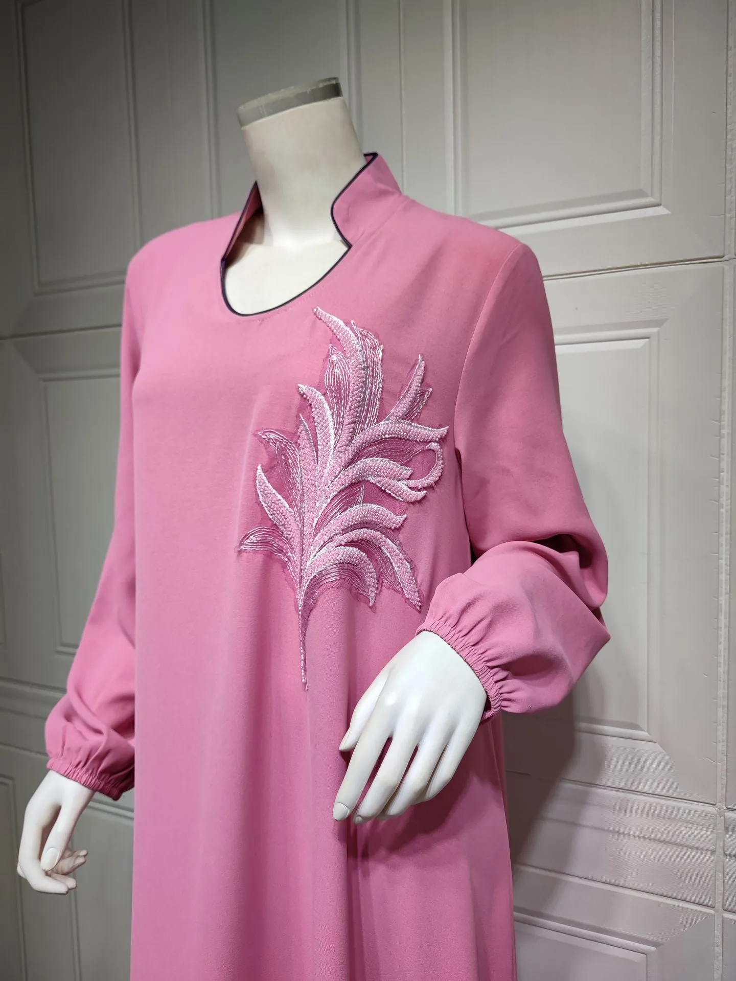 Wjczt Casual New Style Round Neck Fine Plain Color Polyester Muslim Southeast Asian Women's Chest Applique Dress Ab173