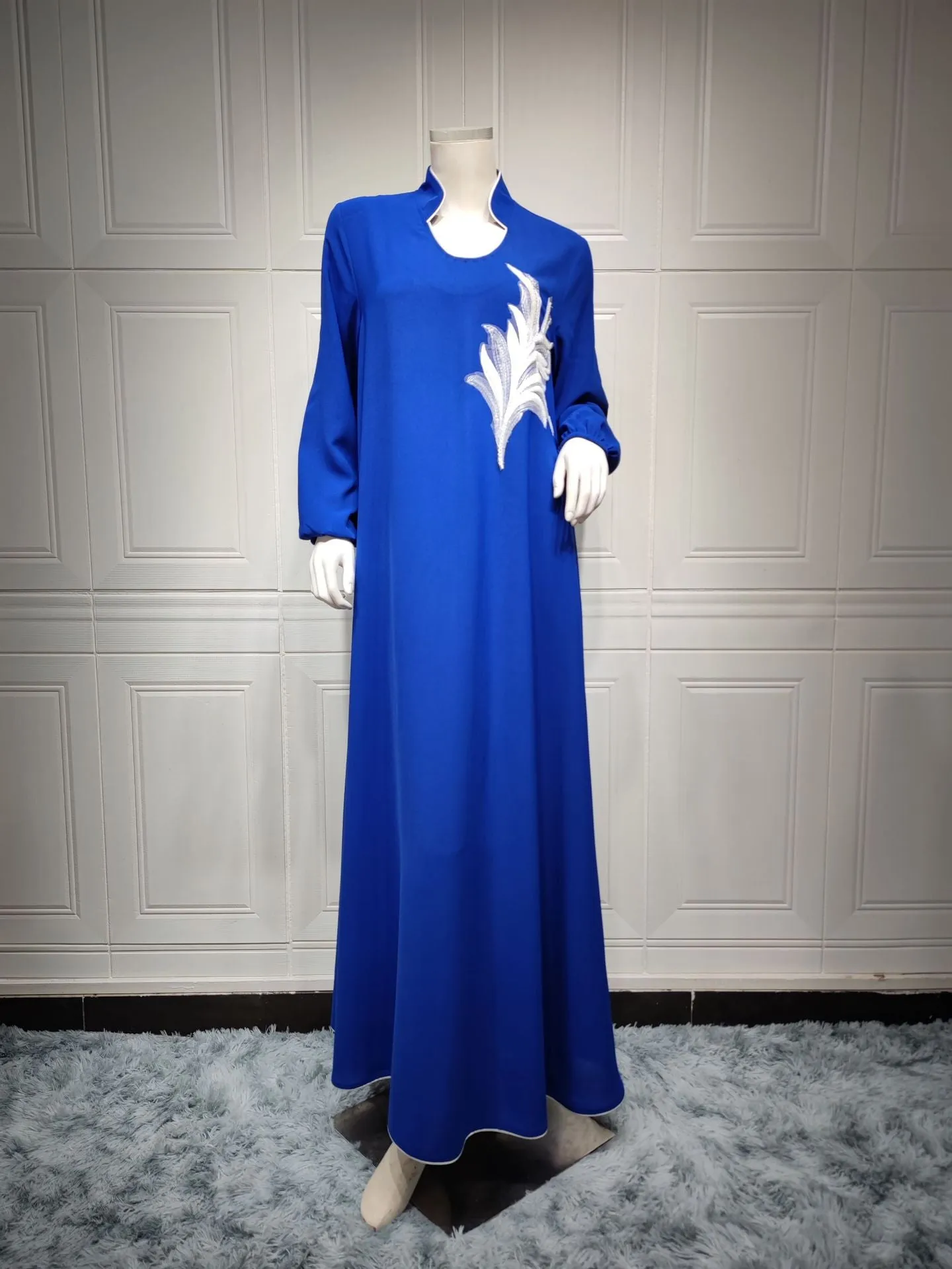 Wjczt Casual New Style Round Neck Fine Plain Color Polyester Muslim Southeast Asian Women's Chest Applique Dress Ab173
