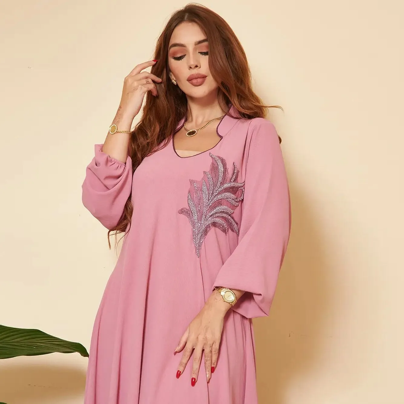 Wjczt Casual New Style Round Neck Fine Plain Color Polyester Muslim Southeast Asian Women's Chest Applique Dress Ab173