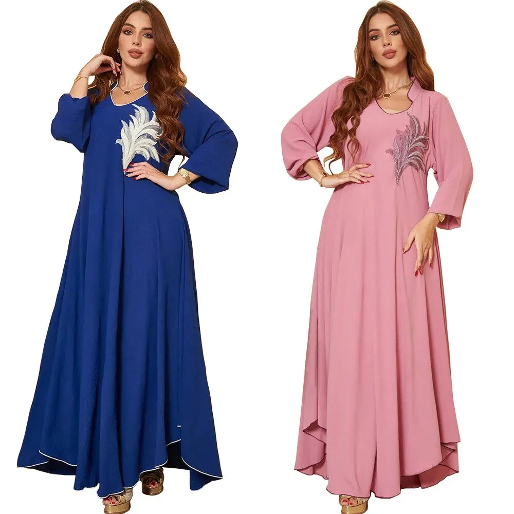 Wjczt Casual New Style Round Neck Fine Plain Color Polyester Muslim Southeast Asian Women's Chest Applique Dress Ab173