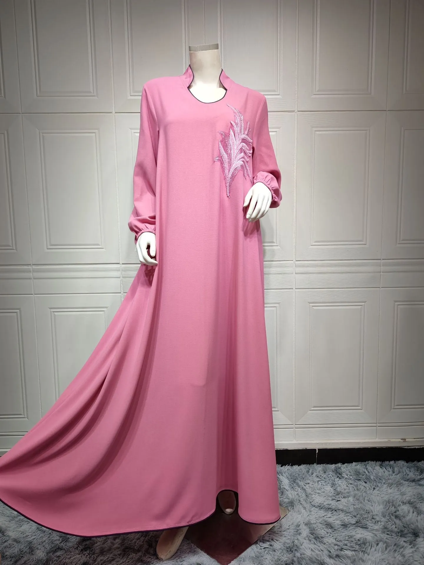 Wjczt Casual New Style Round Neck Fine Plain Color Polyester Muslim Southeast Asian Women's Chest Applique Dress Ab173