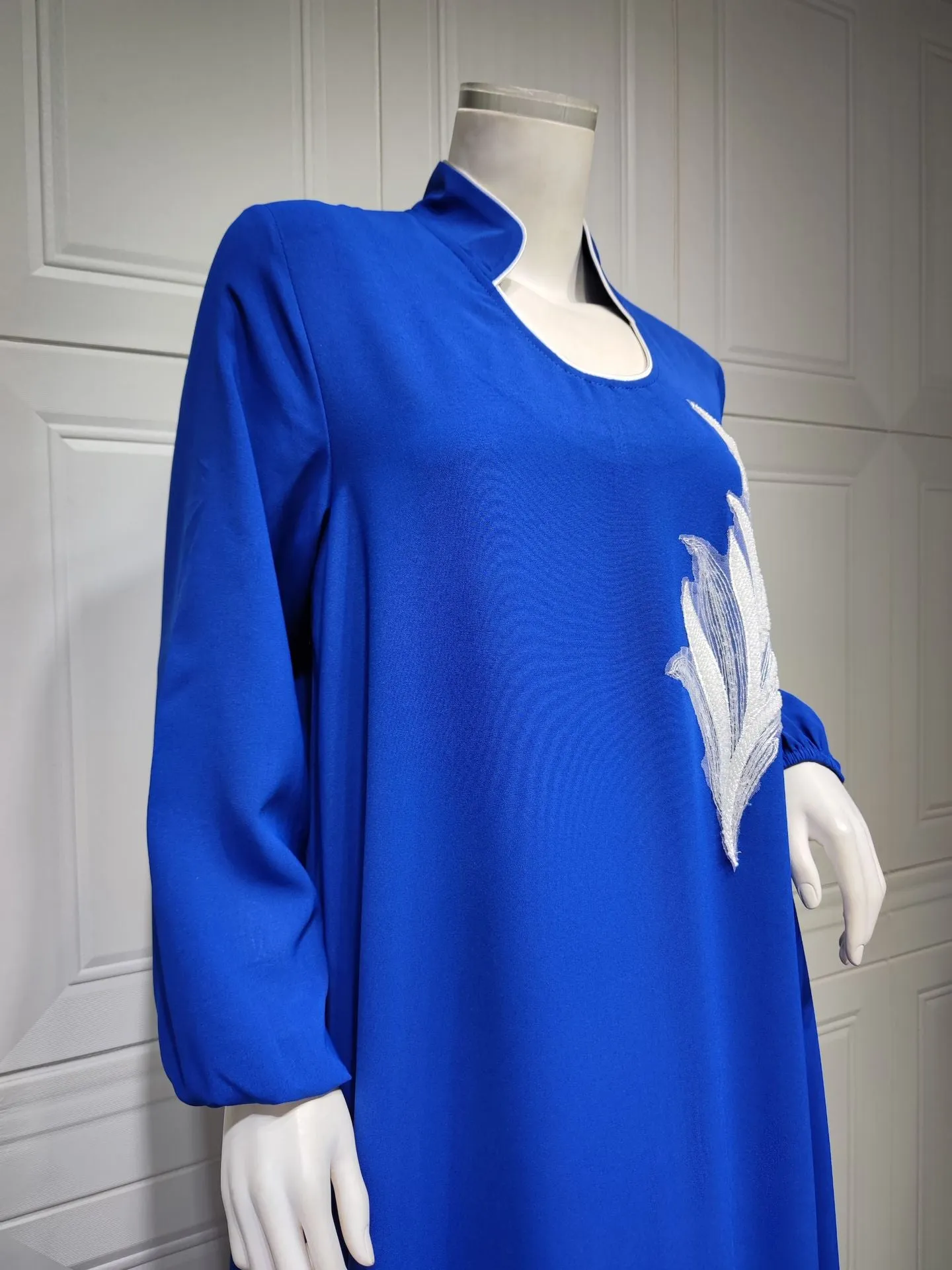 Wjczt Casual New Style Round Neck Fine Plain Color Polyester Muslim Southeast Asian Women's Chest Applique Dress Ab173