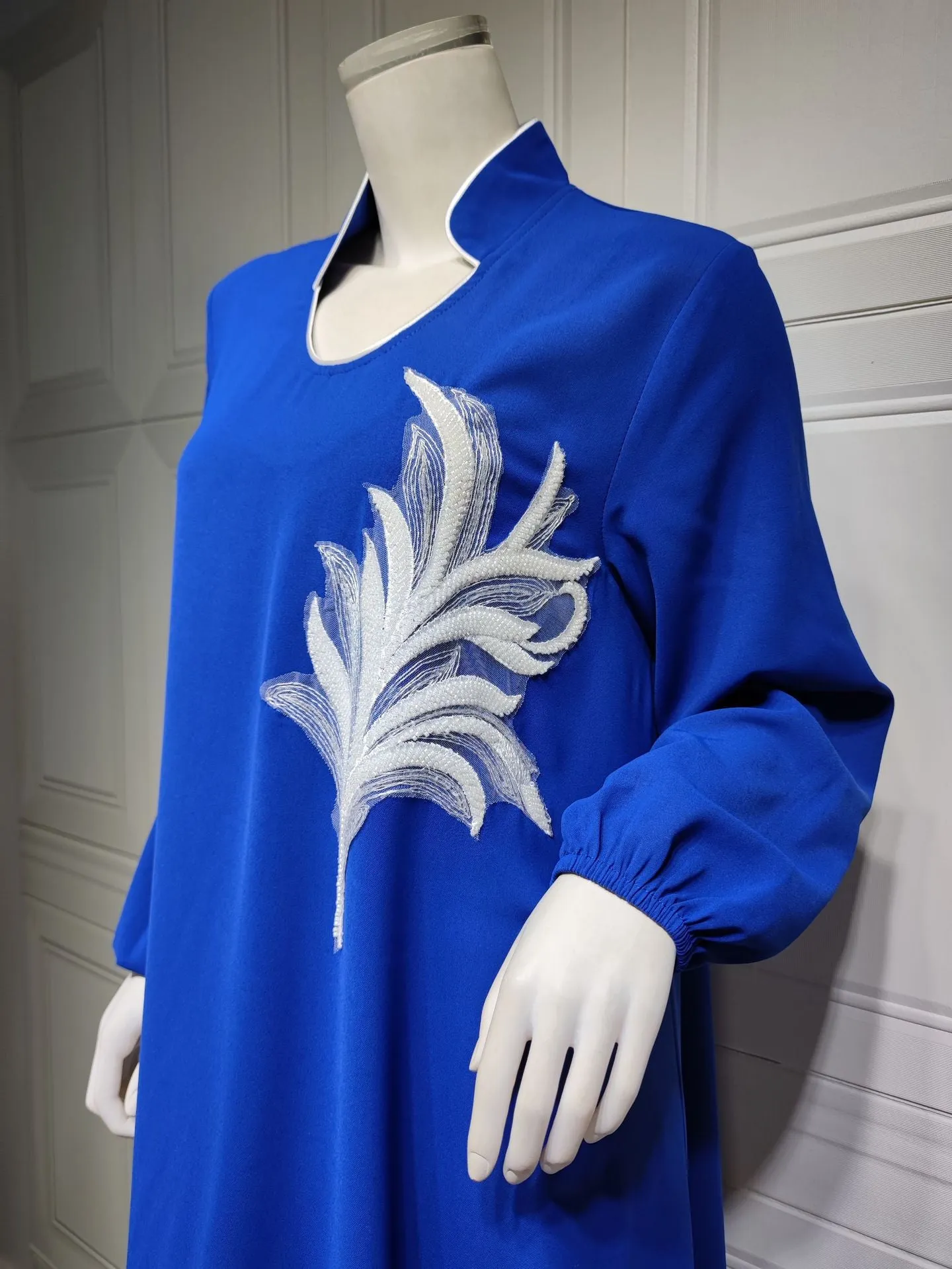 Wjczt Casual New Style Round Neck Fine Plain Color Polyester Muslim Southeast Asian Women's Chest Applique Dress Ab173