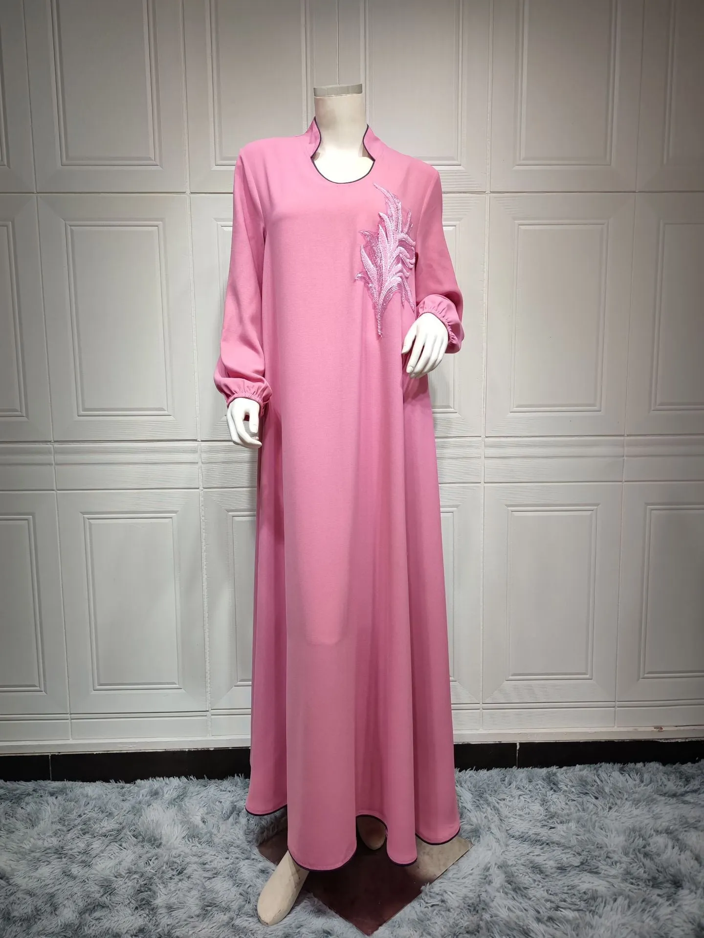 Wjczt Casual New Style Round Neck Fine Plain Color Polyester Muslim Southeast Asian Women's Chest Applique Dress Ab173