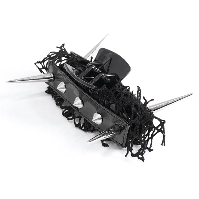 Women's Gothic Studded Mesh Splice Faux Leather Hair Claw