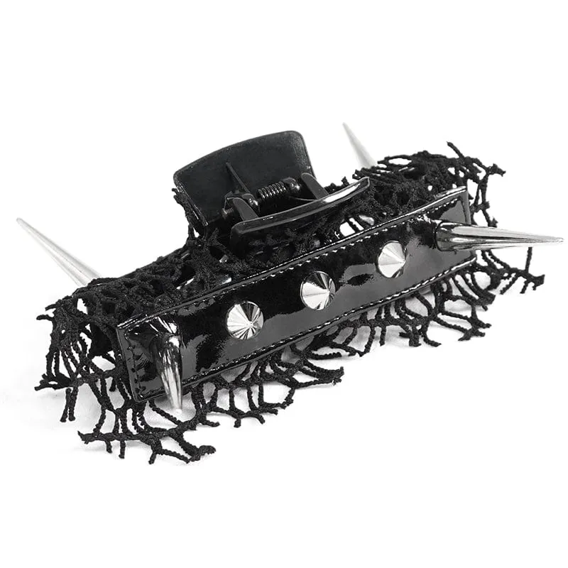 Women's Gothic Studded Mesh Splice Faux Leather Hair Claw