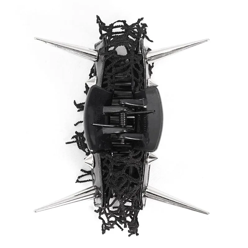 Women's Gothic Studded Mesh Splice Faux Leather Hair Claw