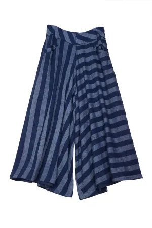 WOVEN STRIPE FRAYED PATCH BACK KANTHA WIDE LEG PANTS - wp2623-nvy -