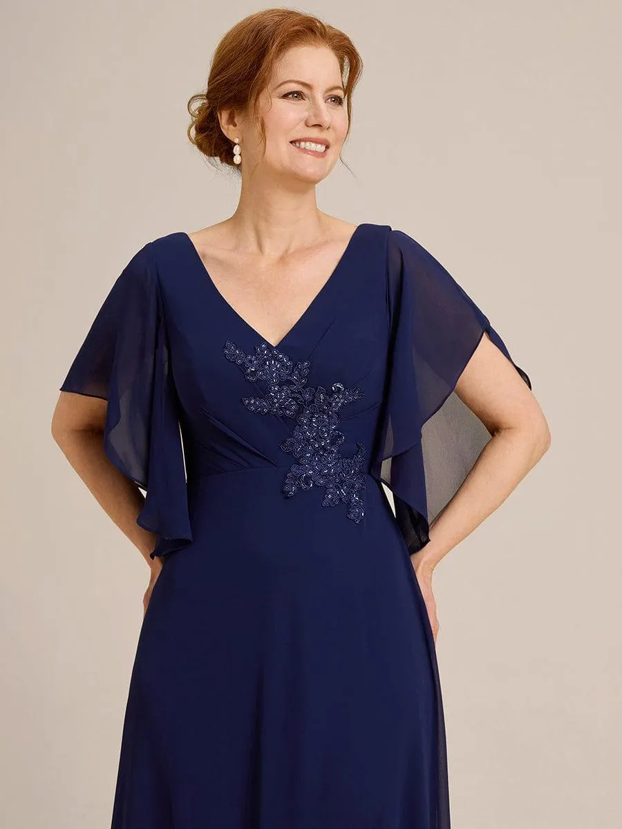 Yvonne | Half Sleeves Top Applique Decoration Chiffon Mother of the Bride Dress