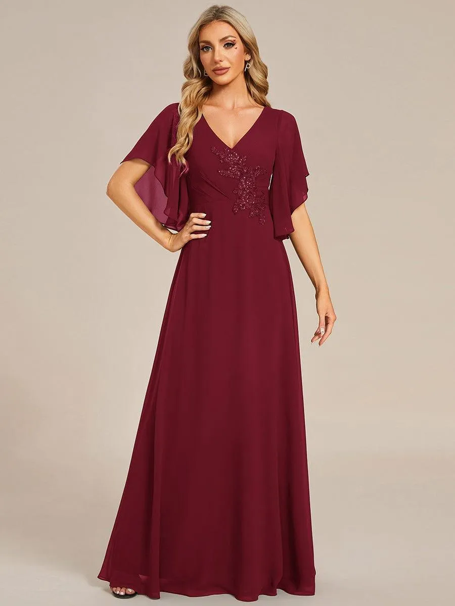 Yvonne | Half Sleeves Top Applique Decoration Chiffon Mother of the Bride Dress