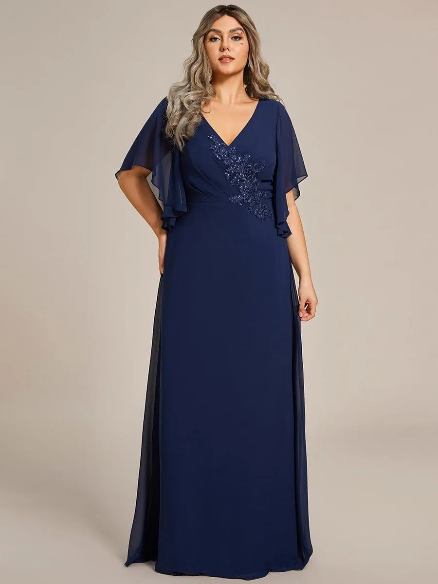 Yvonne | Half Sleeves Top Applique Decoration Chiffon Mother of the Bride Dress
