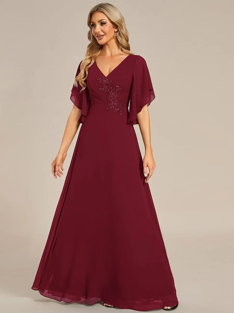 Yvonne | Half Sleeves Top Applique Decoration Chiffon Mother of the Bride Dress