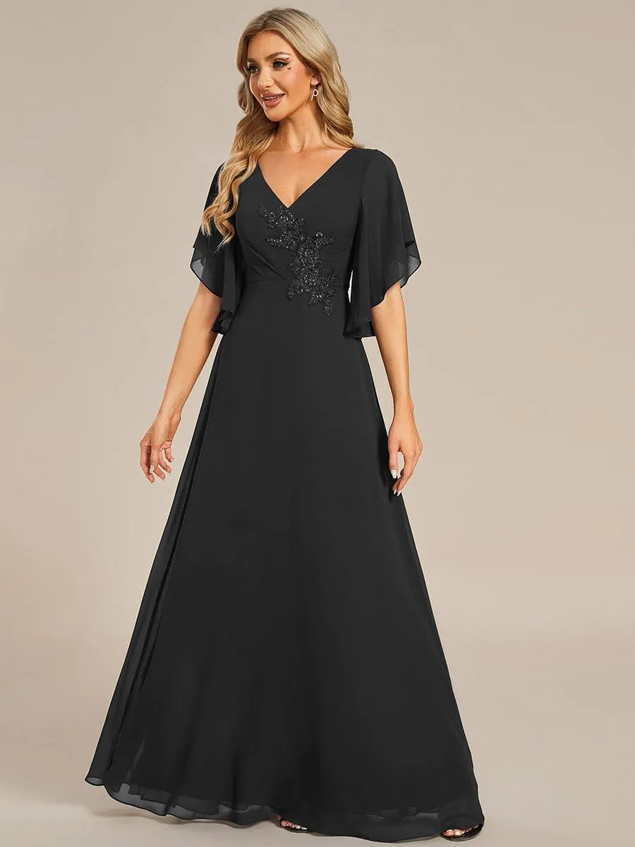 Yvonne | Half Sleeves Top Applique Decoration Chiffon Mother of the Bride Dress