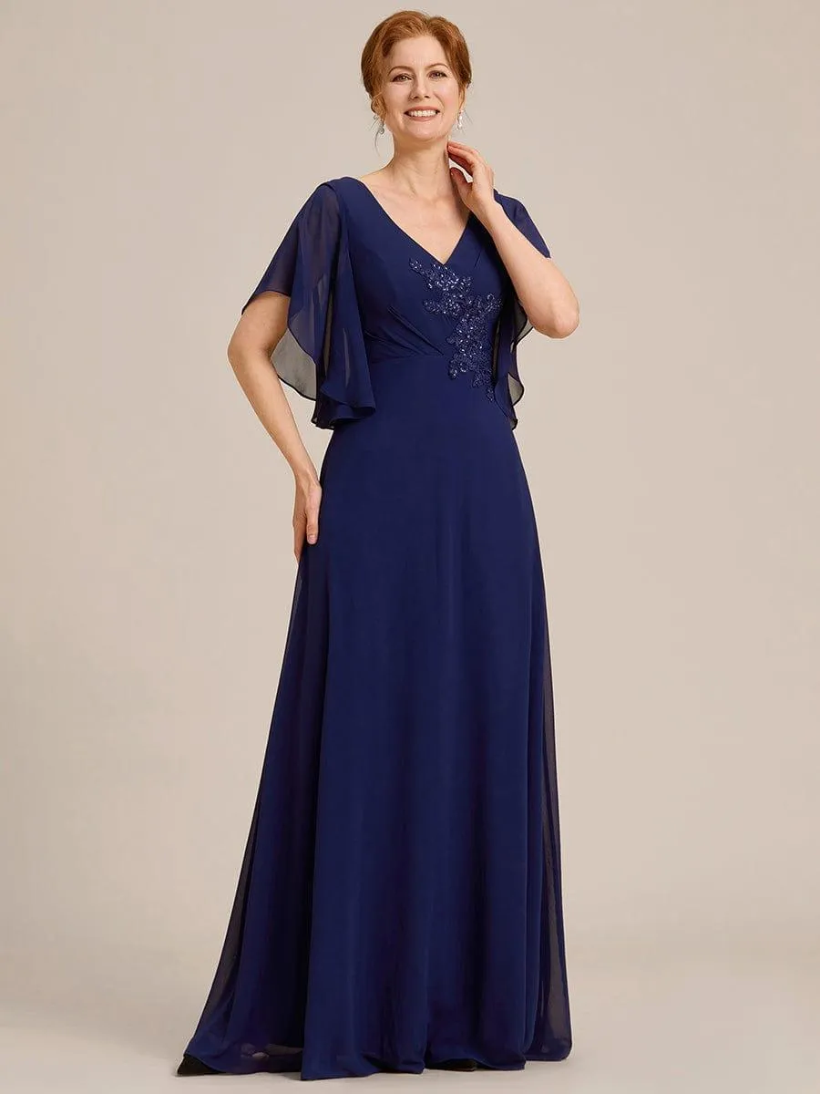 Yvonne | Half Sleeves Top Applique Decoration Chiffon Mother of the Bride Dress