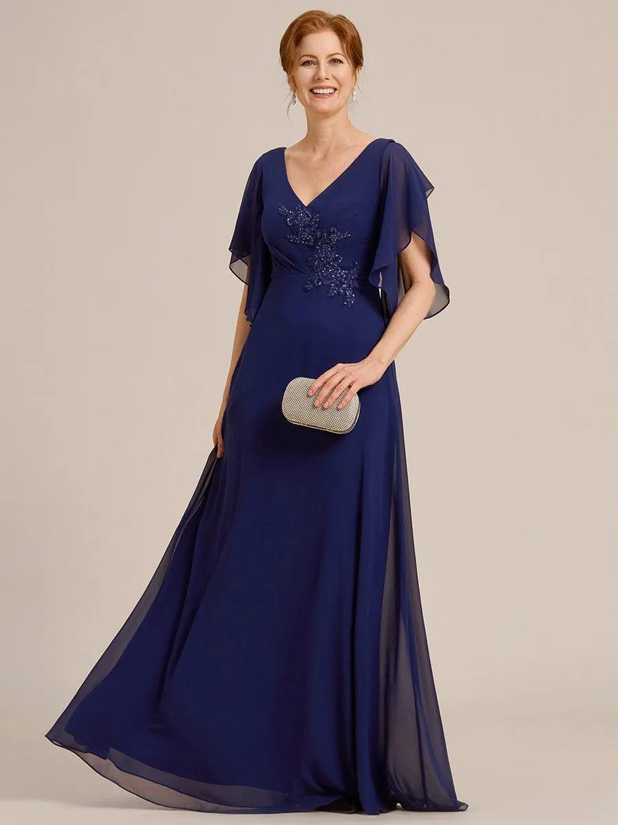 Yvonne | Half Sleeves Top Applique Decoration Chiffon Mother of the Bride Dress