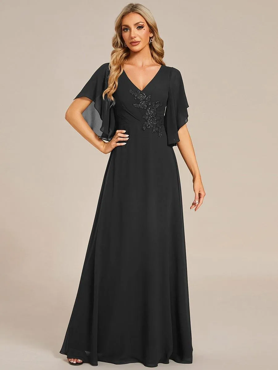 Yvonne | Half Sleeves Top Applique Decoration Chiffon Mother of the Bride Dress
