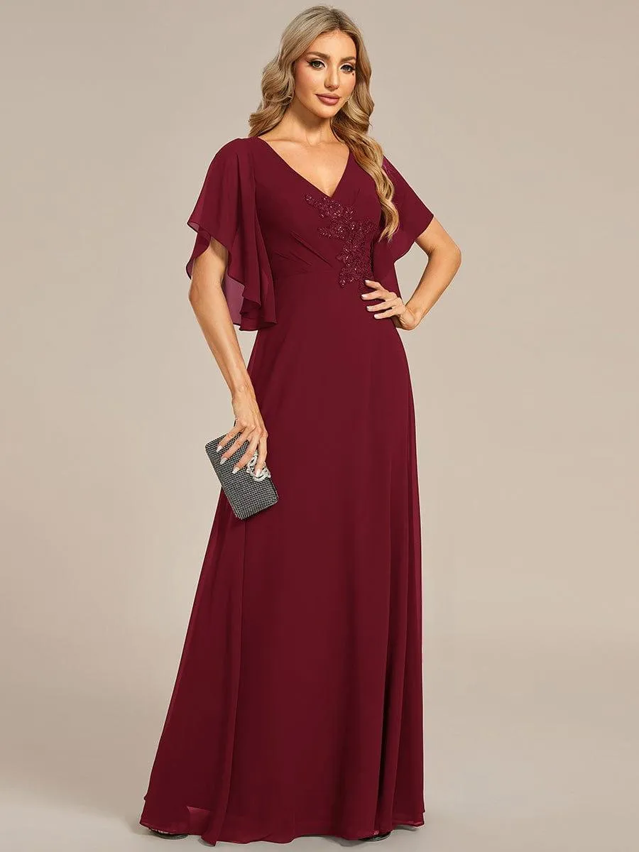 Yvonne | Half Sleeves Top Applique Decoration Chiffon Mother of the Bride Dress